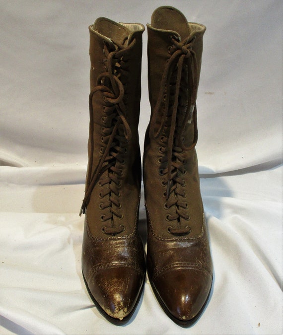 Edwardian Brown Leather and Fabric Two Tone Boots Very Old High