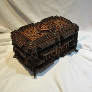 Tramp Art Sewing Box, Exceptional Old Large Hand Made Wood Box, Great Antique Folk Art Salvage, Re-Purpose as Jewelry Box or Trinket Box