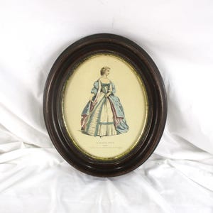 Oval Framed French Lithograph, 19th Century, Classical Portrait of Women, French Vintage Fashion, Costume, Haute Couture, Nobility