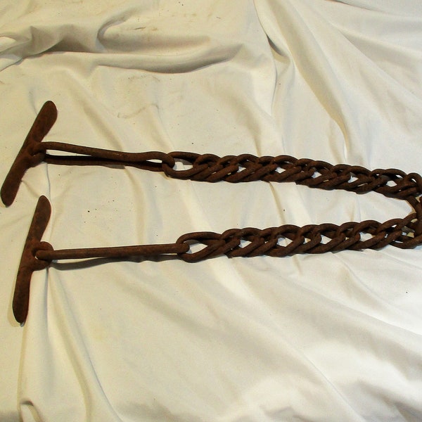 Hog Turner Chain and Two Handles, Conestoga Chain, Piglet Turner, Large Forged Twisted Rusty Iron Links, Antique Rusty Barn Salvage