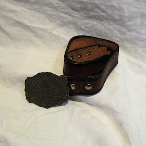 Leather Belt, Vintage Hand Tooled Leather, Metal Galleon Ship Buckle, Vintage Clothing Accessory