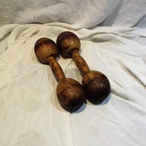 Dumbbells, Pair of Antique Wood Exercise Weights, Old Pair of Barbells, possibly Spalding