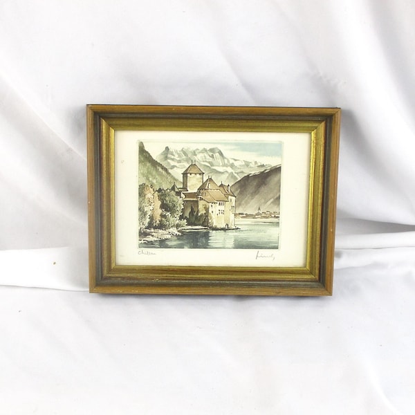 Framed Swiss Castle and Mountain Landscape Watercolor Painting: Signed