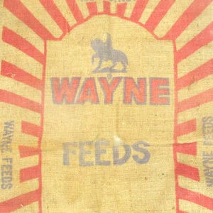 May include: A vintage burlap feed sack with a faded design. The design features the text "WAYNE FEEDS" in red and gray, with a silhouette of a horse and rider. The background is tan with red stripes radiating from the top.