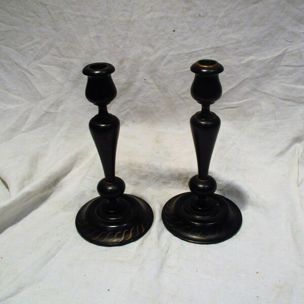 Pair of Candlesticks, Vintage Antique Turned Wood Tulip Candle Holders, Hand Painted Grapes, Tole Painted