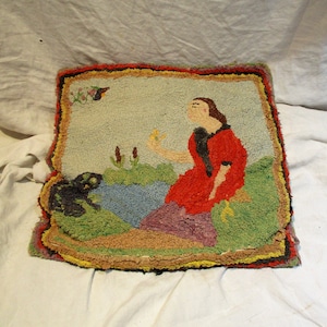 Hooked Pillow, Nineteenth Century Antique Textile, Mermaid and the Frog, Hand Made Folk Art Pillow