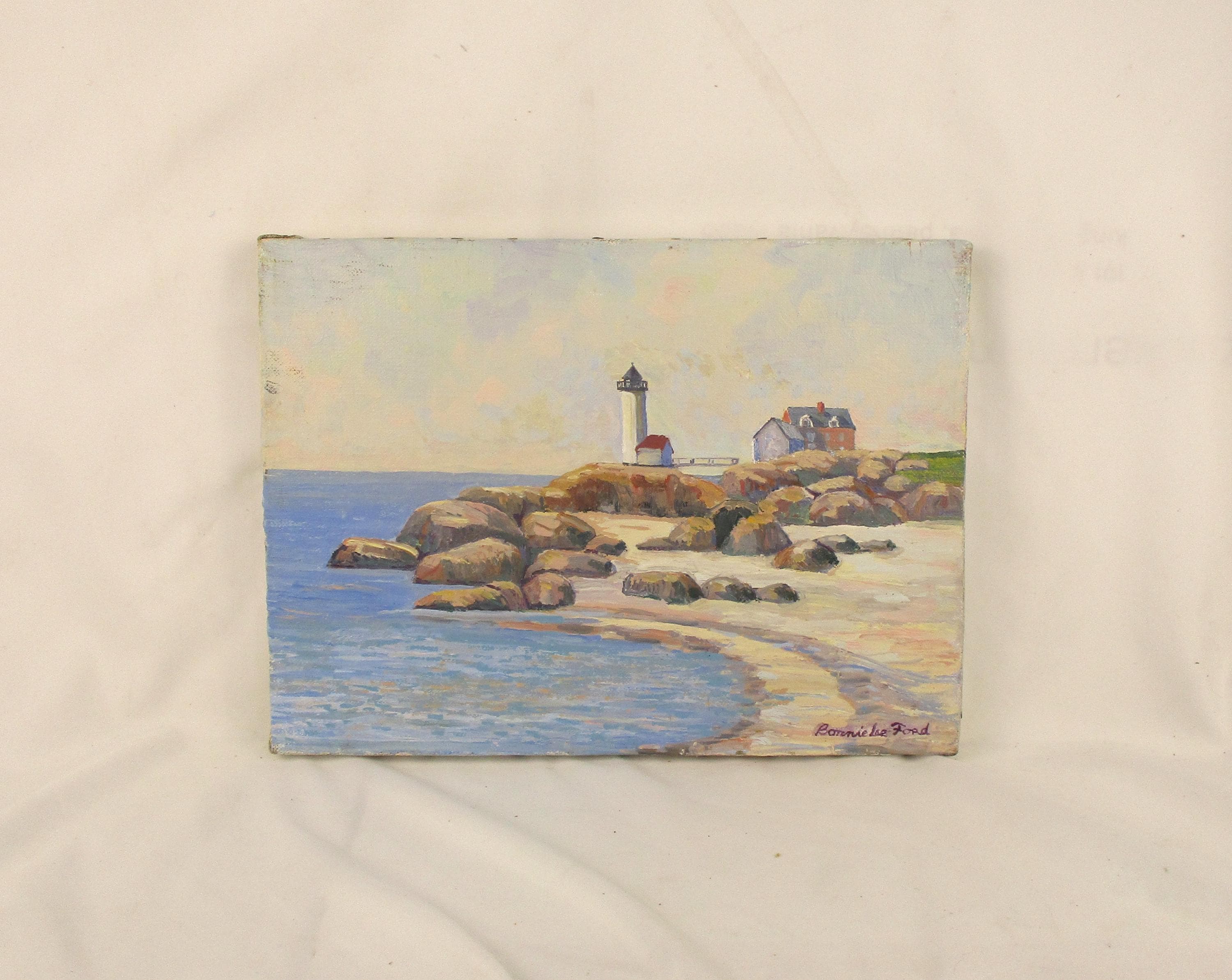 Lighthouse Oil Painting: Rocky Shore Landscape by Bonnie Lee Ford