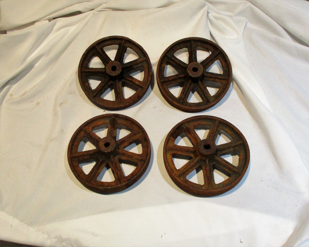 Industrial Cart Wheels, Mining Cart Wheels, Rare Matching Set of 4