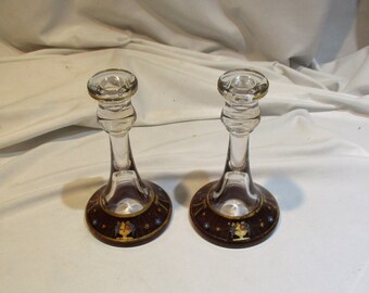 Folk Art Painted Glass Candlesticks, Crystal Clear Vintage Glass Candle Holders, Matched Pair