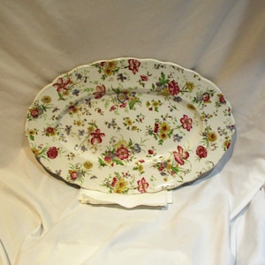 Italian Chintz Scalloped Oval Platter, Wildflowers, 1940s Transferware, Societa Ceramica Italiana Serving Plate