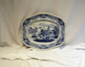 Large Hexagonal Platter, Blue and White 19th Century Transferware, Serving Dish, Antique Asian Inspired English Ridgways China, India Temple