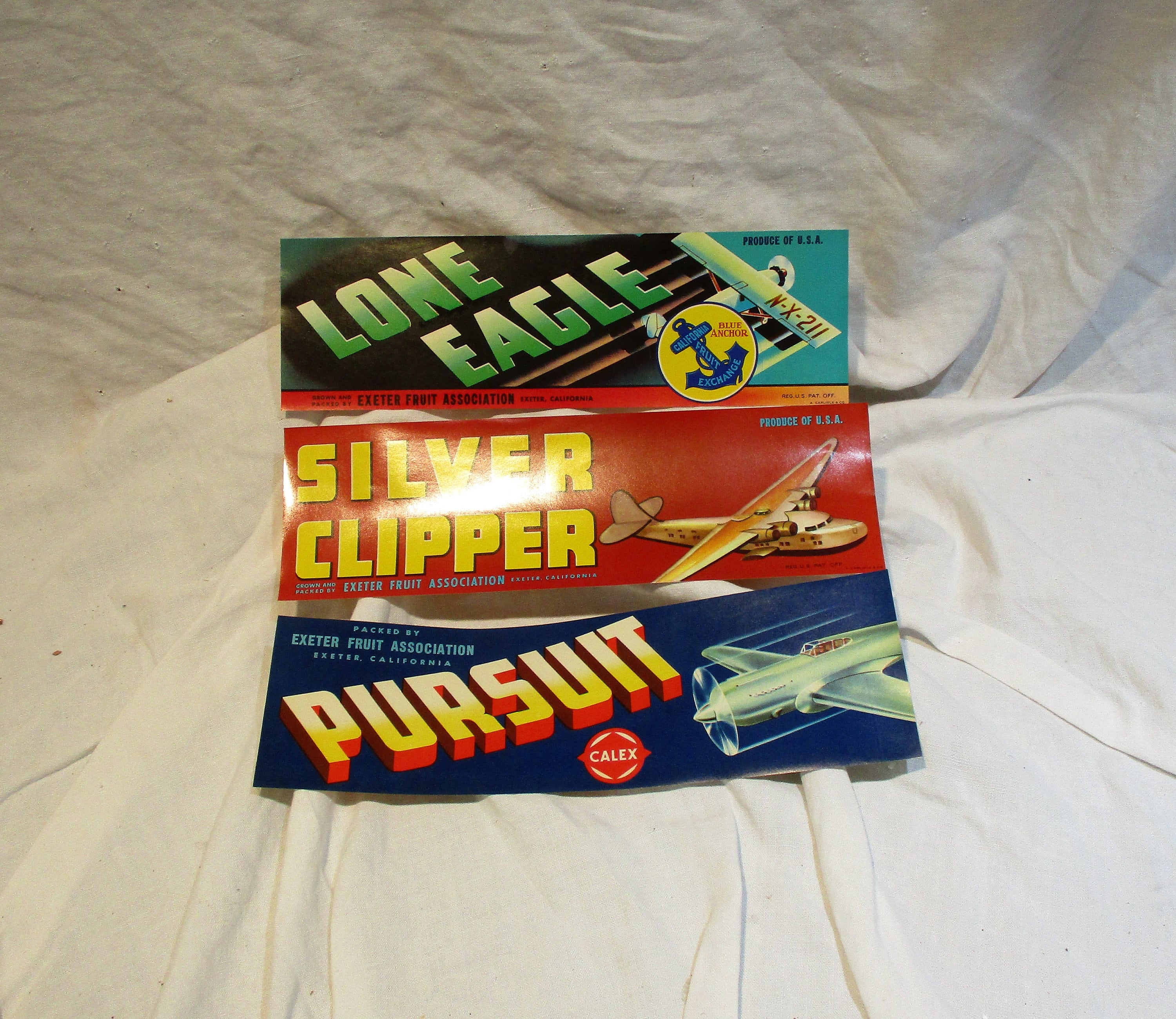 Vintage Aviation Crate Labels Set Of 3 Airplane Art - Exeter Fruit