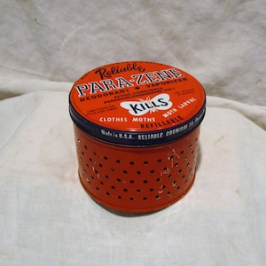 Reliable Para-Zene Decorative Tin, Vintage Orange Mothball Tin, Retro Mid Century Kitsch