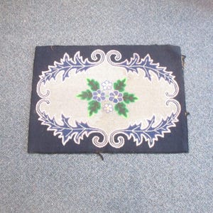 Floral and Stylized Leaf Hooked Rug, Old Hand Made Rectangular Carpet