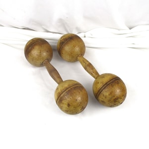 Dumbbells, Pair of Antique 2 Lb Wood Exercise Weights, Old Pair of Barbells
