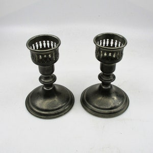 Pewter Candlesticks, Filigree Candle Cups, Vintage Compact Weighted Pair of Candle Holders, Marked EMPIRE