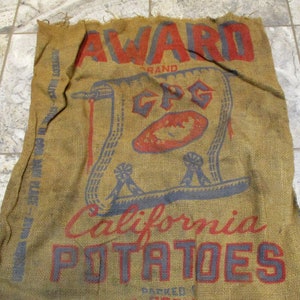 Burlap Sack,  California Potato Growers Award Potato Sack, Vintage Farm and Barn Stock