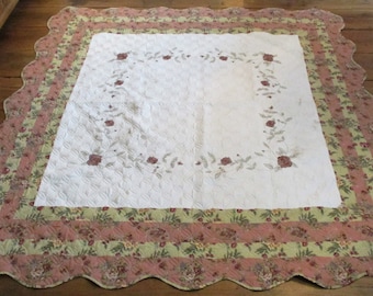 1950s Coverlet or Quilt, Large, Laura Ashley-Style Florals, Vintage Cotton Material, Vintage Textile