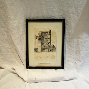 Framed Newcomen Steam Engine Lithograph: Antique Technology Art