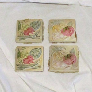 Hand Painted Decorative Tiles, Set of 4, Architectural Salvage Terracotta Vegetable Tiles