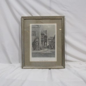 German 19th Century Architectural Landscape Scene, Halberstadt Town Hall, Framed Signed Antique Steel Engraving, Old Hand Tinted Lithograph