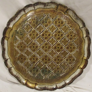 Vintage Florentine Tray: Large Scalloped Gold Hand Painted Wood Plate