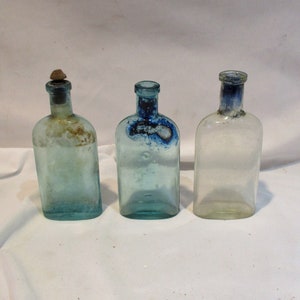 Collection of 3 Glass Bottles, Antique Bluing Bottles, Old Glass Laundry Bottle Salvage