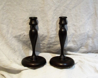 Turned Wood Candlesticks: Vintage Tulip Candle Holders, Matched Pair