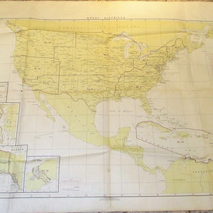 Naval Districts Map, 1966 Large Vintage Wall Map, US Navy Military Map