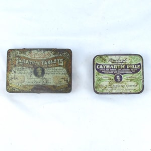 Two Different Homeopathic Laxative Medicine Empty Tins, Rawleigh Candy Cathartic Pills