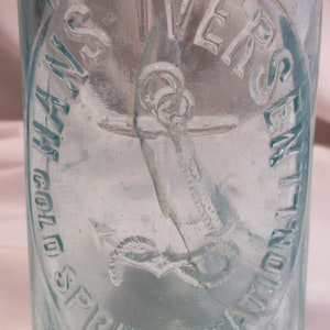 Glass Bottle, Antique Aqua Bottle, Hans Iversen, Cold Springs Station, Long Island, New York, Old Bottle Salvage