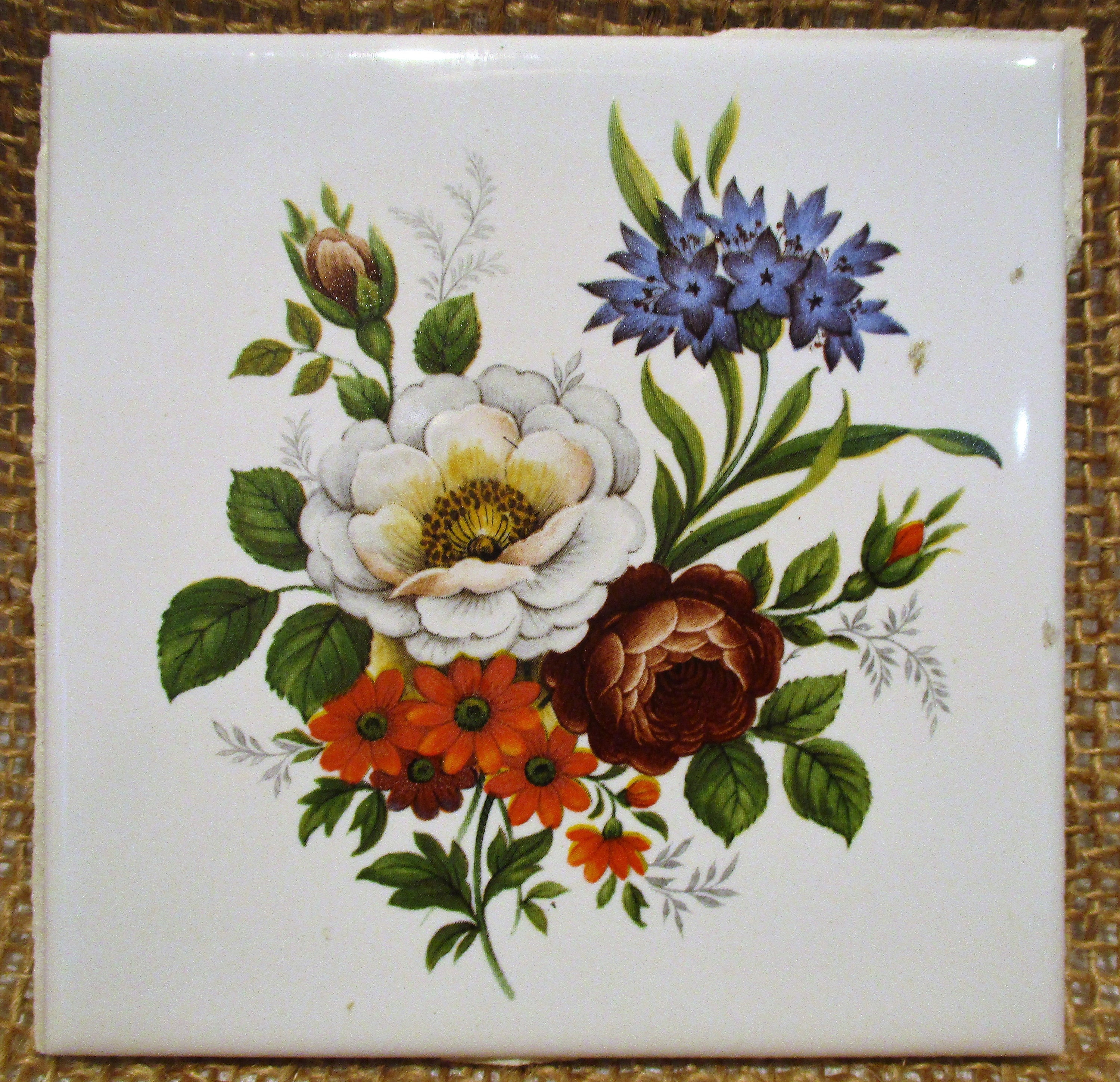 3 Antique Ceramic Tile Painted Floral 4 SQ Arts & Crafts Vintage Old  1274-22B