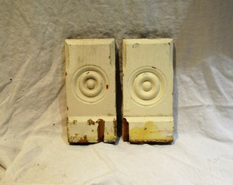 Plinth Blocks, Pair of Bulls Eye Gouge Work Corner Blocks, Architectural Salvage, Victorian Restoration, Wood Baseboard Trim Blocks