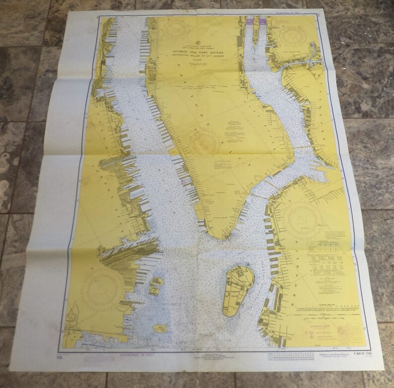 Hudson and East Rivers 1972 New York Harbor Lower Manhattan Vintage Shore Maps Maritime Soundings Map