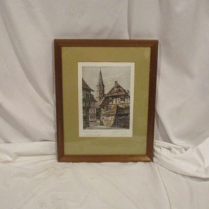 European Medieval Bavaria Architectural Landscape Scene, Framed Signed Vintage Art, Old Hand Tinted Etching