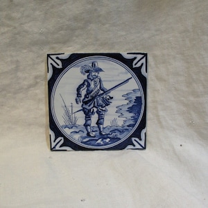 Delft Tile, Vintage Blue & White, Hand Painted Musket and Soldier, Architectural Salvage Tile
