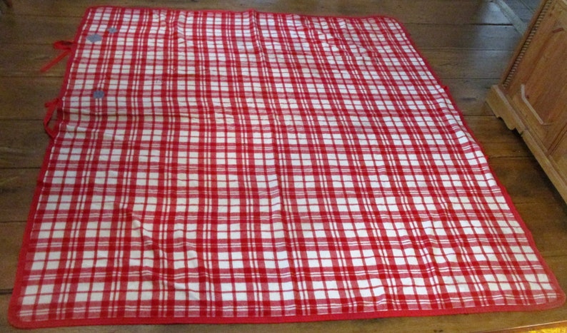 May include: Red and white checkered picnic blanket with a red border.