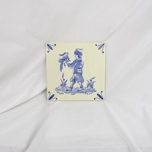Vintage Portuguese Tile: Hand-Painted Blue and White Figural Trivet