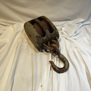 Antique Wood Double Pulley: Farmhouse Industrial Decor