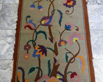 Hooked Rug, Art Nouveau, Beaux Arts or Jacobean Floral Design, Rectangular Antique Carpet