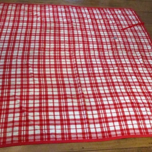 May include: Red and white checkered picnic blanket with a red border. The blanket is folded in half and has a strap on one side.