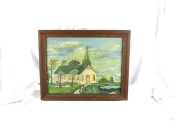 Framed Folk Art Church and Landscape, American Primitivism
