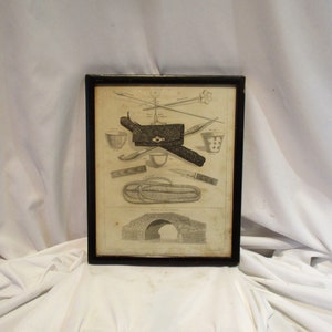 1818 English Lithograph of Asian Items, Utensils and Japanese Bridge at Napakiang, Old Framed Black and White Lithograph