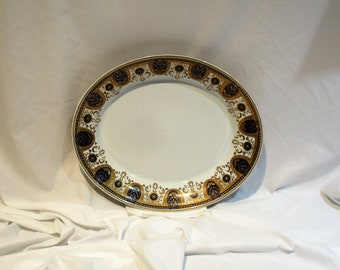 Neoclassical Oval Platter, Large, Deep Unmarked Transferware, Blue and Gold Serving Plate