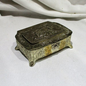 Vintage Embossed Silver Jewelry Box: Courtship Scene, Red Velvet Lining