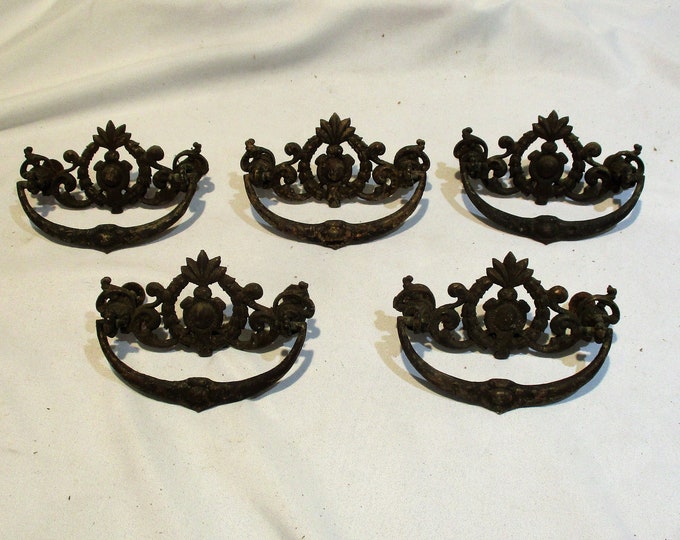 Drawer Pulls, Set of 5, Vintage Brass Neoclassical Furniture Hardware