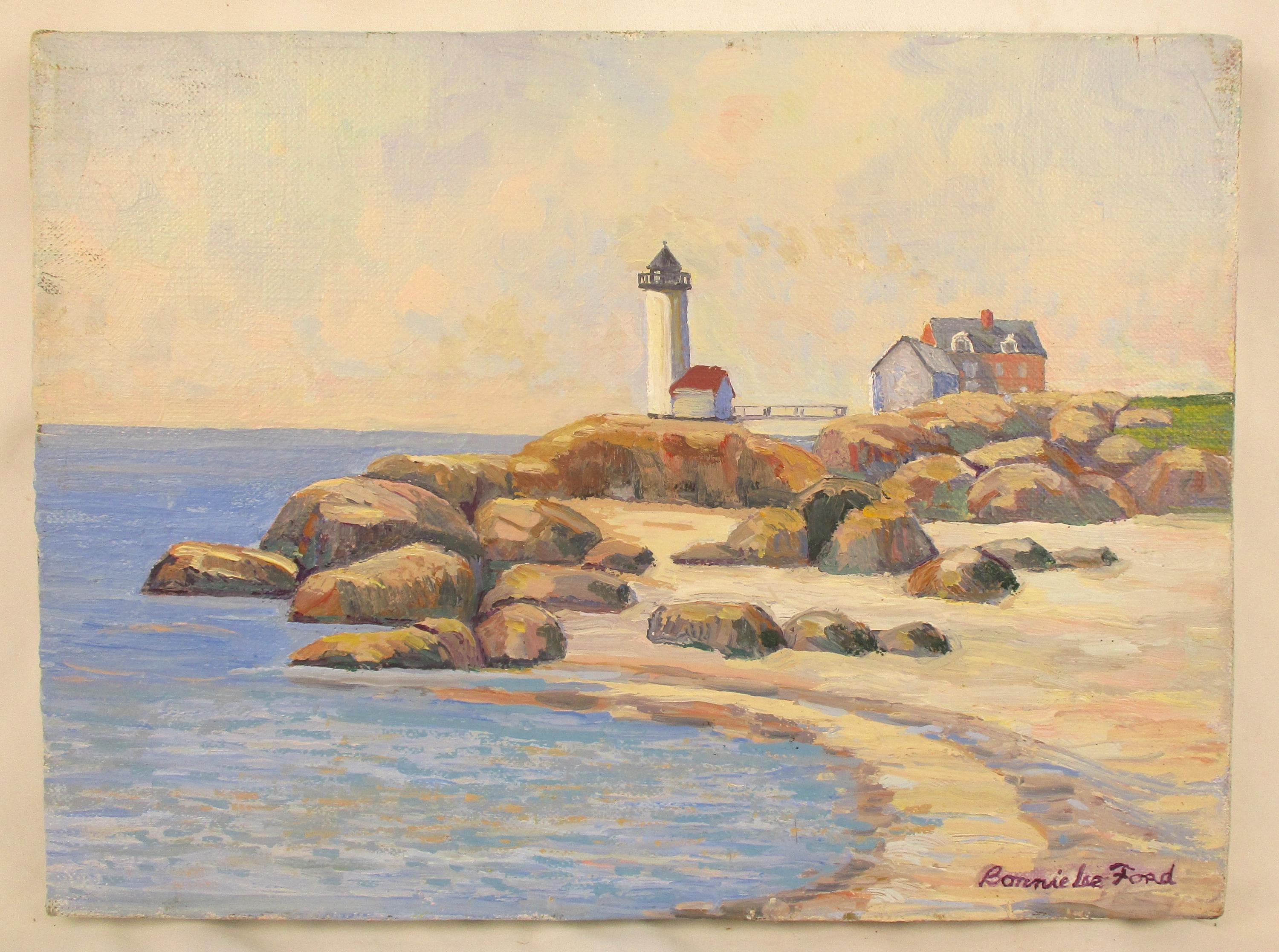 Lighthouse Oil Painting: Rocky Shore Landscape by Bonnie Lee Ford