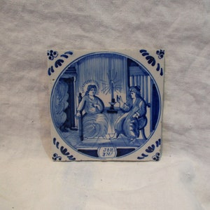 Delft Tile, Old Eighteenth Century Tile, Antique Blue and White Biblical Religious Tile, Hand Painted Old Tile