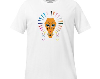 May include: White t-shirt featuring a geometric lion design in orange, blue, and various colors. The lion has a stylized mane and earrings. The brand name "Apparelhue" is printed at the top.