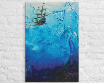 Mermaid Watercolor Canvas Print, Sea Art, Housewarming Gift